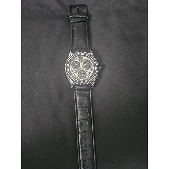 54.1mm black crystal stone Fashion Analog Quartz watch w/Black Faux Leather Band